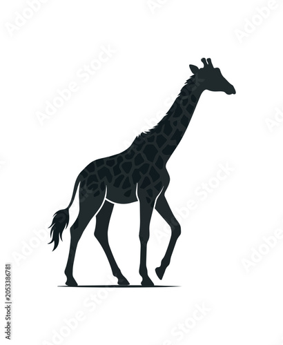 Silhouette of a walking giraffe with patterned neck.