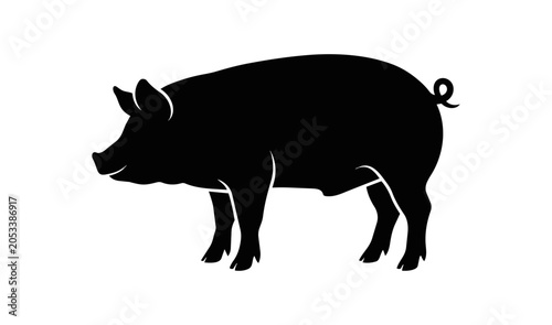 Silhouette of a Farm Pig Standing Side View.