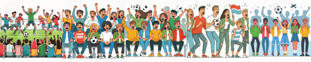 Obraz premium Soccer fans cheering in stadium tribune vector set, football crowd spectators supporting team
