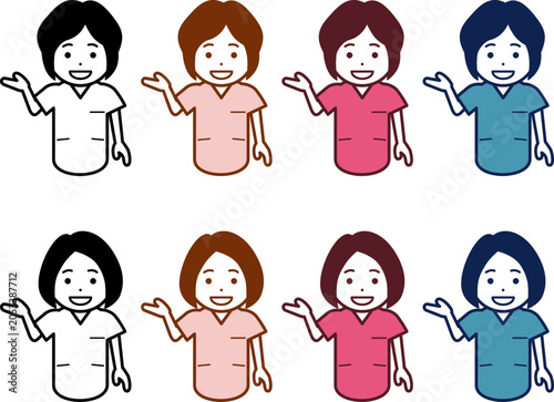 [髪型・色違い] こちらと指し示す女性看護師のアイコン。その2