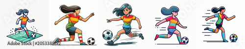 Billede på lærred Female football player cartoon character set, cute women soccer athletes vector