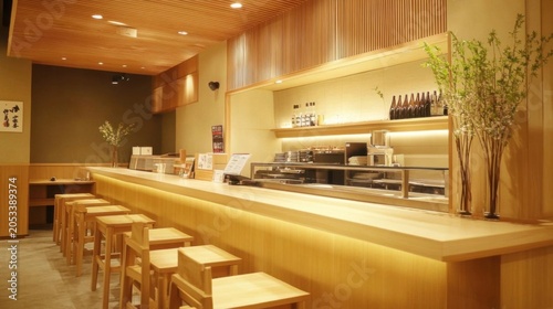 Warm Minimalist Japanese Izakaya Bar Interior Seating Zone