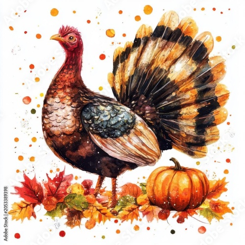 Watercolor Thanksgiving Turkey with Fall Pumpkin and Autumn Maple Leaves