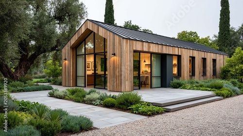 sustainable farmhouse architecture featuring raised wooden structure and thriving organic food garden