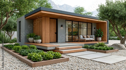 realistic homestead lifestyle concept with elevated wooden house and fresh organic garden beds