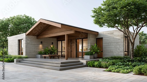tropical sustainable house surrounded by lush greenery and productive organic vegetable plots