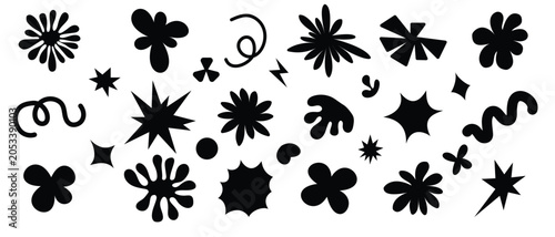 Collection of black abstract vector shapes, hand drawn brutalist elements, cute blobs, sparkles, and starburst silhouettes on a white background.
