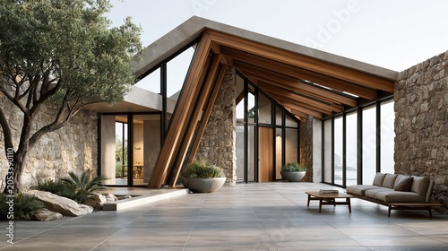 sustainable living architecture with natural materials and homegrown vegetable cultivation environment