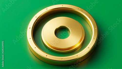 Abstract golden ring and disc emblem on vibrant green surface