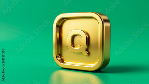 Golden 3D Letter Q Icon Isolated on a Bright Green Background