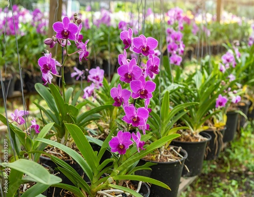 Rows of potted purple orchids in a greenhouse, sunlight streams through the canopy creating soft highlights. Lush green leaves contrast the delicate flowers