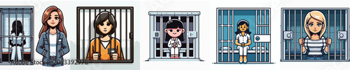 Фотография Female prisoner behind bars cartoon character set, sad woman in jail cell vector