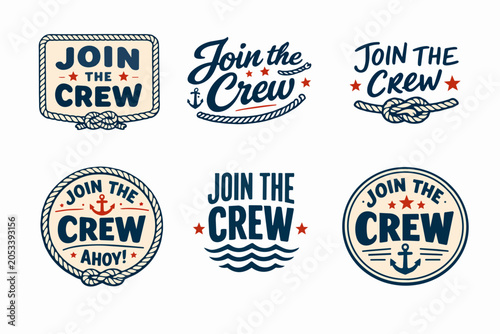 Nautical recruiting promotion logos set, featuring join the crew lettering, vintage anchors, ship ropes, and stars, creating maritime emblem designs for sailing adventure and navy themes