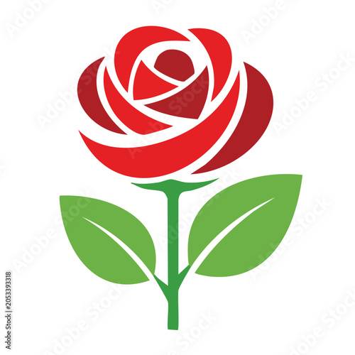 Red rose with green leaves in flat design style
