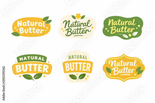 Natural butter product labels set with various organic, dairy, fresh, and healthy food design elements, symbolizing quality, farm, and traditional concepts