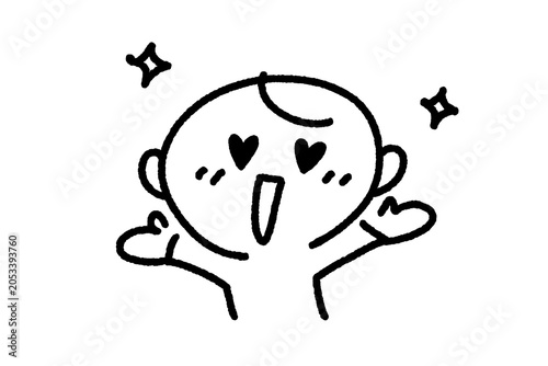 目がハートになる笑顔の男性のかわいい手描きモノクロ線画（恋愛・推し活・好き）