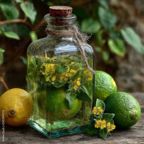 Fresh homemade lemonade in rustic glass bottle with limes and flowers