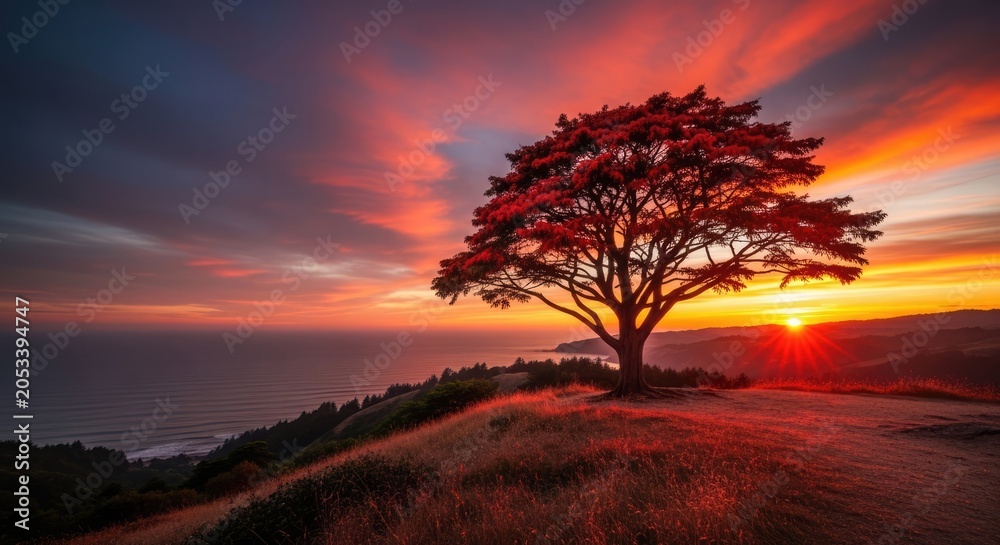 Fototapeta premium Vibrant red tree on grassy hill at coastal sunset