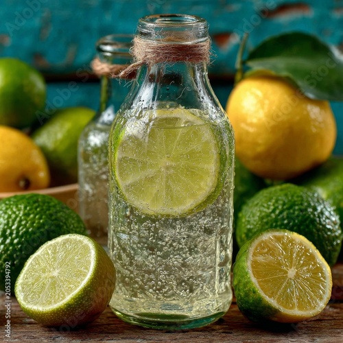 Refreshing homemade lemonade in glass bottle with fresh limes and lemons on rustic wooden table
