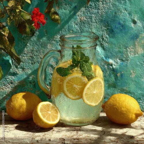 Fresh homemade lemonade in glass pitcher with mint and lemons on rustic wooden table