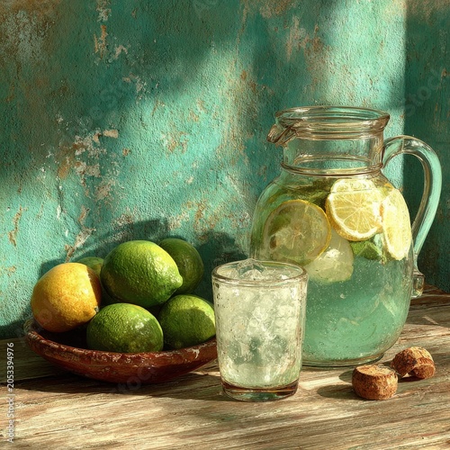 refreshing lemonade pitcher with limes on rustic wooden table