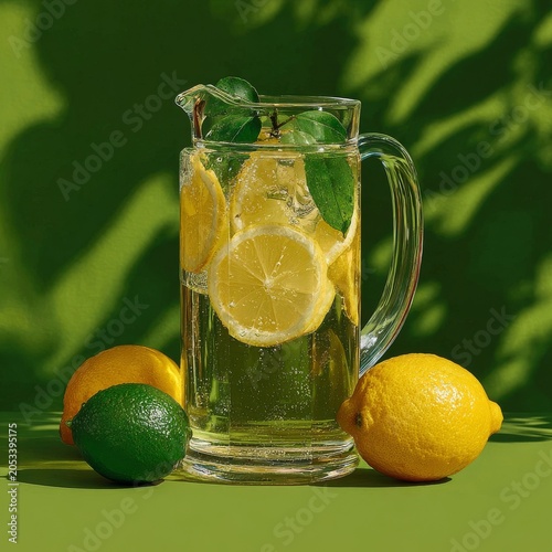 refreshing lemonade pitcher with lemons and mint on green background