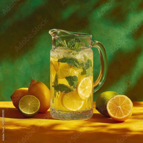 refreshing lemonade pitcher with lemons and mint on yellow table