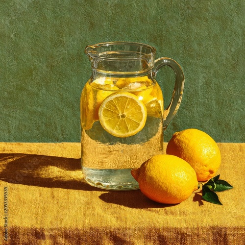 refreshing lemonade pitcher with lemons on rustic tablecloth