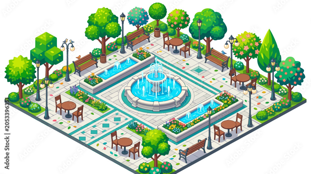 Fototapeta premium Isometric illustration of a vibrant city park with a large fountain, trees, benches, and a walking path on a white background.