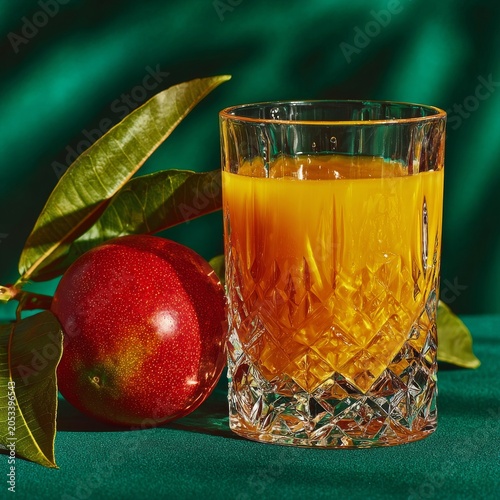 Fresh Mango Juice in Glass with Ripe Mango and Leaves on Green Background