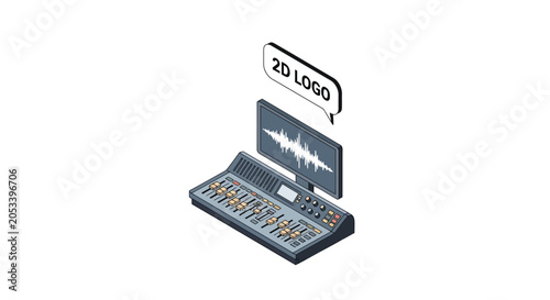 Foto An isometric illustration of a professional audio mixing console and monitor scr