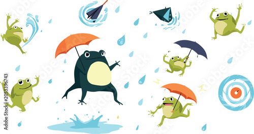 Photos Chaotic Rainy Season Frog Vector Illustration Set Featuring Cute Toads Jumping w