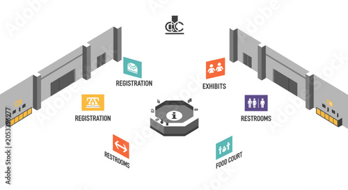 Fotografía An isometric view of a convention center floor plan with various directional sig