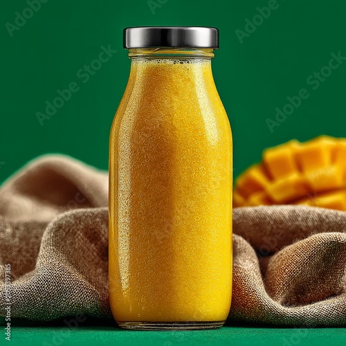 Fresh mango smoothie in glass bottle with ripe mango slices on linen cloth