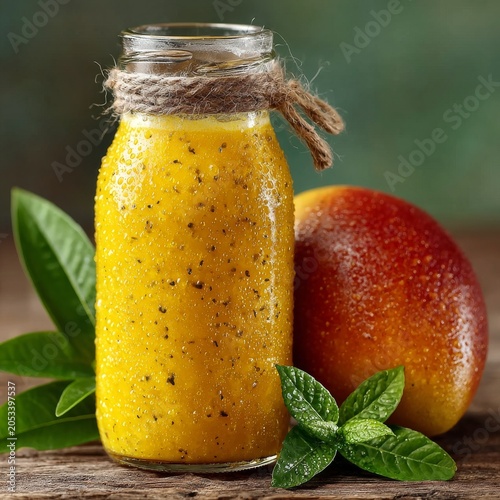 Mango smoothie in a glass jar with fresh mango and leaves on wooden table