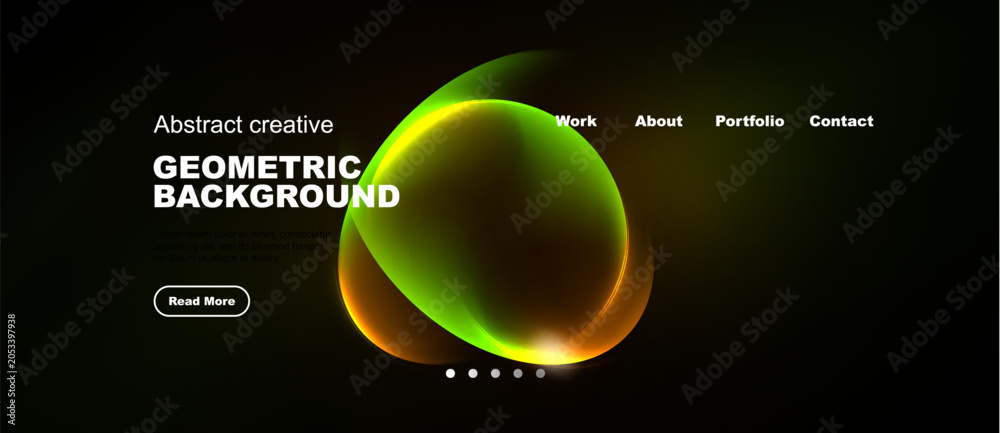 Obraz premium Dark background features vibrant abstract shapes, text elements, navigation menu. Modern design promotes creativity, geometric patterns.
