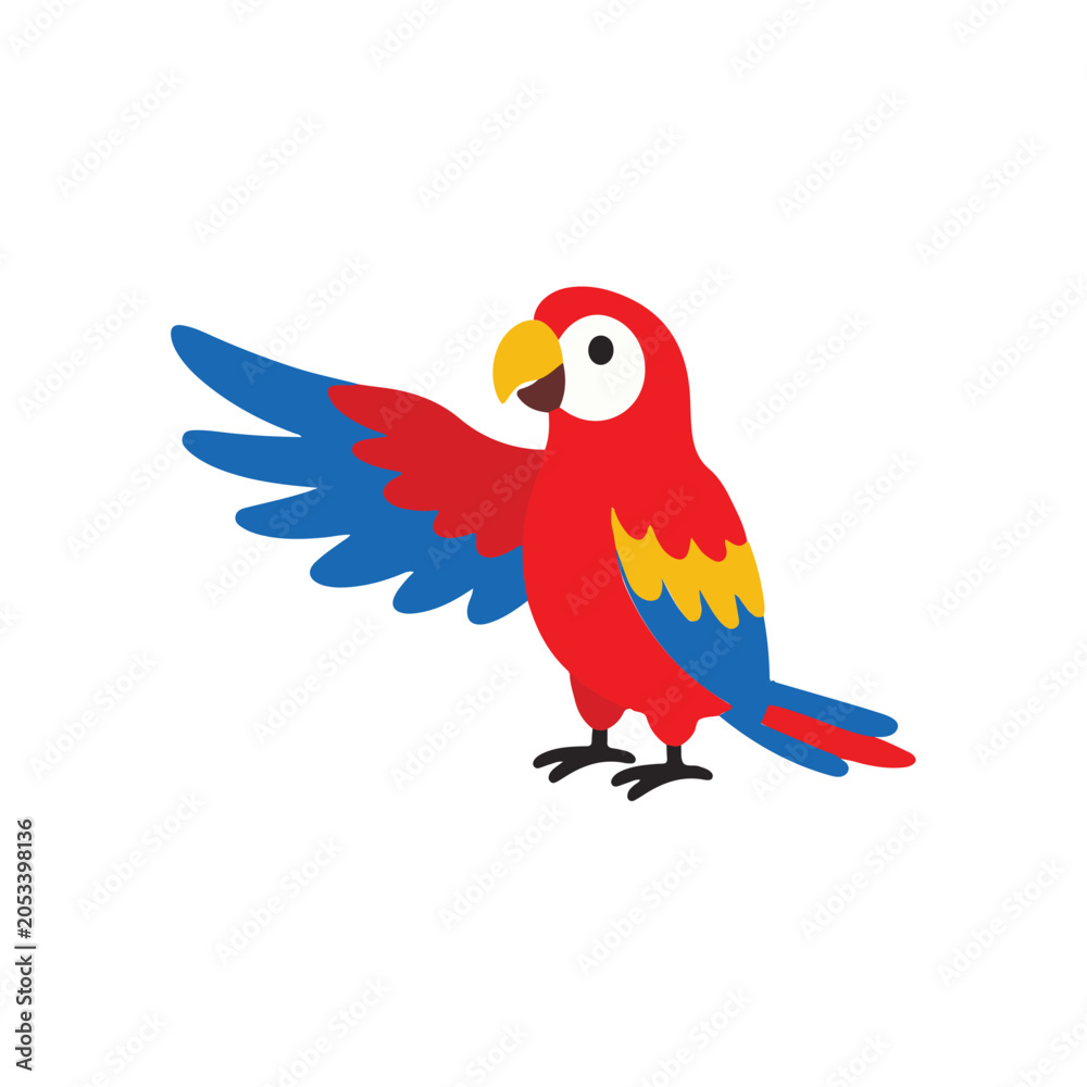 Obraz premium Cute Red Scarlet Macaw Parrot Flying Side View Vector Cartoon
