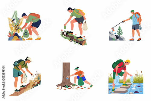 Billede på lærred Set of illustrations featuring eco-friendly hikers collecting litter and cleaning up trash in various natural environments like forests and rivers