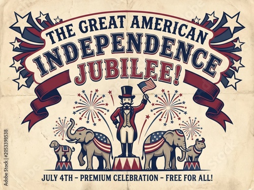 Vintage circus style Fourth of July poster banner for The Great American Independence Jubilee
