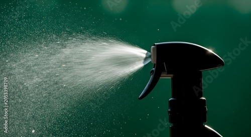 Spraying Water From A Trigger Bottle With A Fine Mist Against A Dark Green Background
