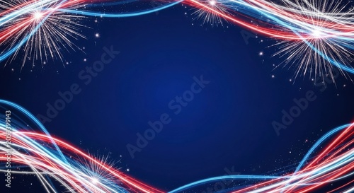 Futuristic Fourth of July background with red white and blue neon light waves and fireworks