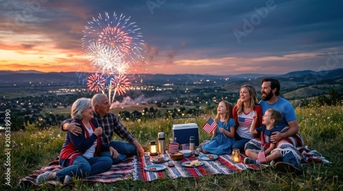 Multi-generation family having a patriotic Fourth of July picnic on a hill watching fireworks