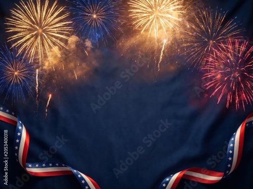 Fourth of July patriotic background with fireworks and red white and blue ribbon on dark blue fabric texture