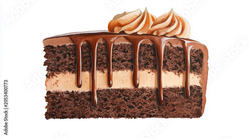 Watercolor slice of decadent chocolate cake with rich ganache and cream