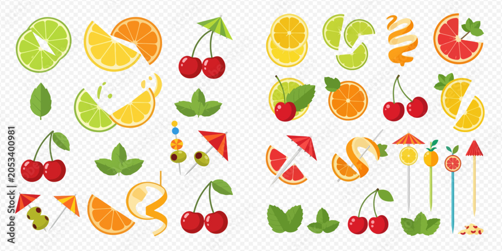 Obraz premium Collection of various cocktail garnishes including citrus slices, cherries, mint leaves, and decorative picks, ideal for drink presentations.