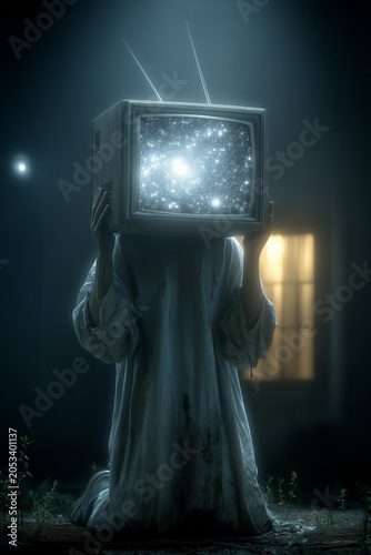 Surreal figure in white robe holding vintage TV with glowing galaxy screen in dark room..