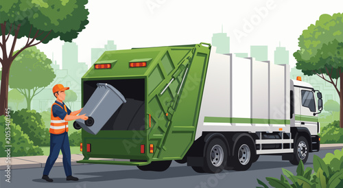 Foto Sanitation worker emptying waste bin into garbage truck vector illustration show
