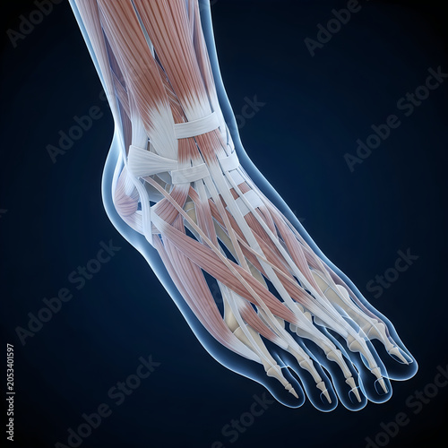 Anatomical human foot, skeletal and muscular system, transparent skin, medical illustration, 3D rendering