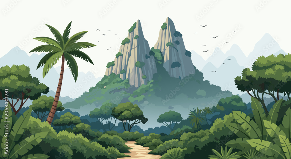 Naklejka premium Tropical Jungle Mountain Landscape Vector Illustration of Lush Rainforest Scenery with Exotic Palm Trees and Rocky Peaks for Nature Exploration Design