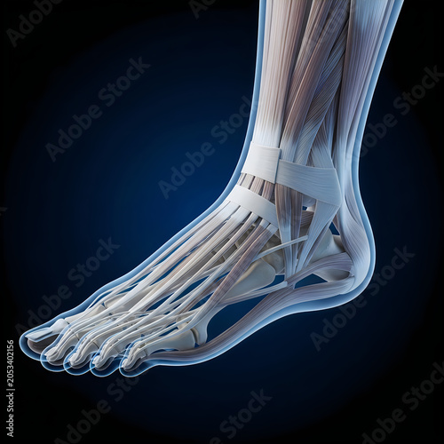 Anatomical foot, skeleton, bones, medical illustration, human body part, detailed x-ray